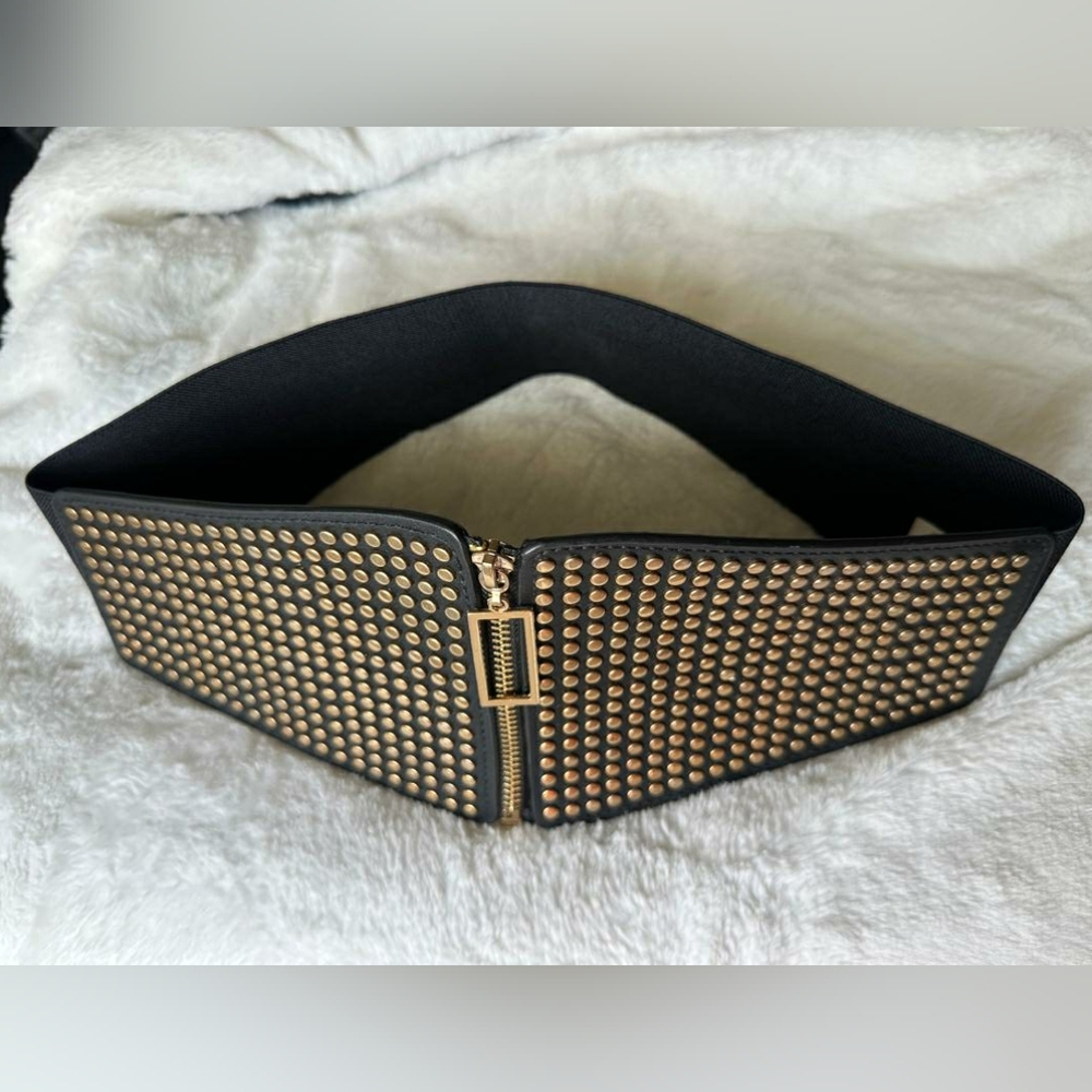 Women Punk Wide Corset Waistband Waist Belt Metal Rivets Ring Zip Up Elastic 